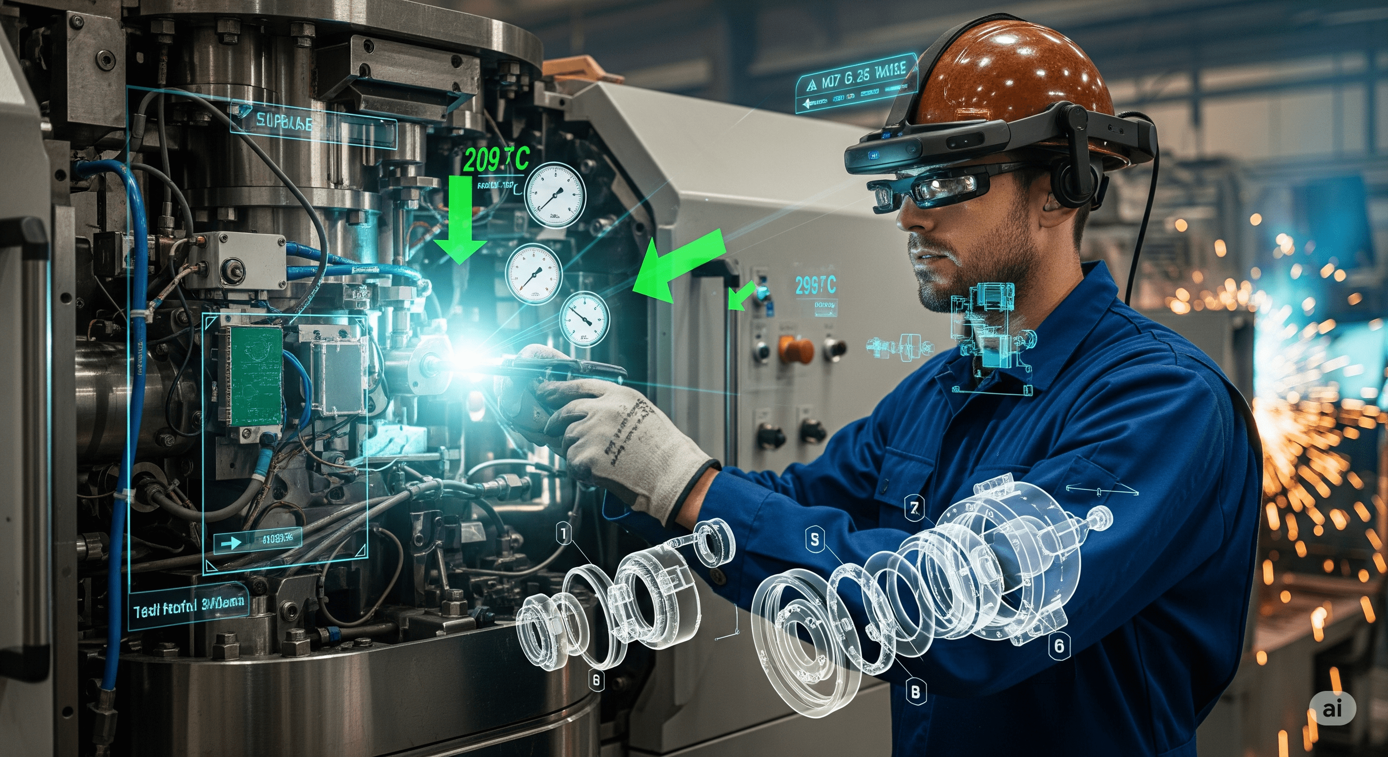 A worker using augmented reality glasses to view machine data