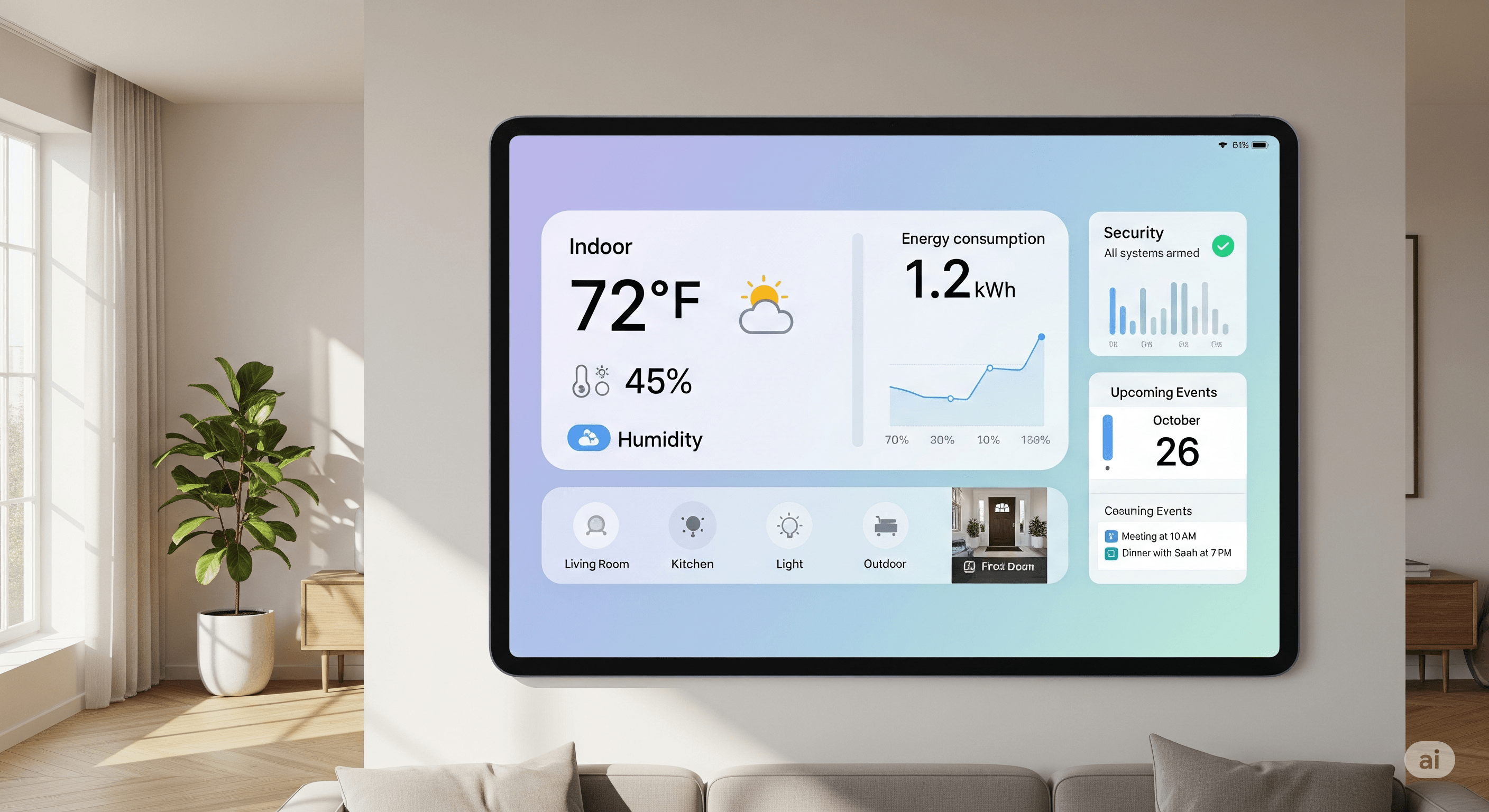 A smart home control dashboard on a tablet